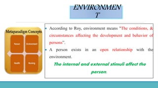 ENVIRONMEN
T
 According to Roy, environment means "The conditions, &
circumstances affecting the development and behavior of
persons”.
 A person exists in an open relationship with the
environment.
The internal and external stimuli affect the
person.
 