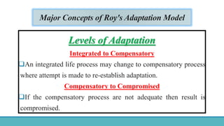 Major Concepts of Roy's Adaptation Model
Levels of Adaptation
Integrated to Compensatory
An integrated life process may change to compensatory process
where attempt is made to re-establish adaptation.
Compensatory to Compromised
If the compensatory process are not adequate then result is
compromised.
 
