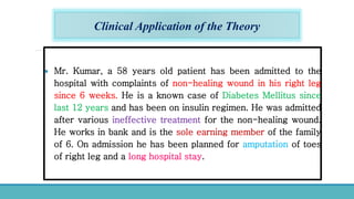 Clinical Application of the Theory
 Mr. Kumar, a 58 years old patient has been admitted to the
hospital with complaints of non-healing wound in his right leg
since 6 weeks. He is a known case of Diabetes Mellitus since
last 12 years and has been on insulin regimen. He was admitted
after various ineffective treatment for the non-healing wound.
He works in bank and is the sole earning member of the family
of 6. On admission he has been planned for amputation of toes
of right leg and a long hospital stay.
 