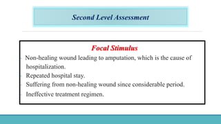 Second Level Assessment
Focal Stimulus
- Non-healing wound leading to amputation, which is the cause of
hospitalization.
- Repeated hospital stay.
- Suffering from non-healing wound since considerable period.
- Ineffective treatment regimen.
 