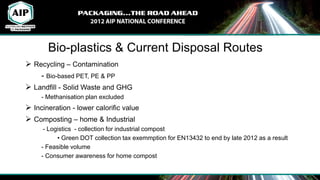 Bio-plastics & Current Disposal Routes
 Recycling – Contamination
    - Bio-based PET, PE & PP
 Landfill - Solid Waste and GHG
     - Methanisation plan excluded
 Incineration - lower calorific value
 Composting – home & Industrial
      - Logistics - collection for industrial compost
           • Green DOT collection tax exemmption for EN13432 to end by late 2012 as a result
     - Feasible volume
     - Consumer awareness for home compost
 
