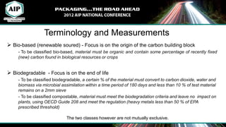 Terminology and Measurements
 Bio-based (renewable soured) - Focus is on the origin of the carbon building block
     - To be classified bio-based, material must be organic and contain some percentage of recently fixed
     (new) carbon found in biological resources or crops


 Biodegradable - Focus is on the end of life
     - To be classified biodegradable, a certain % of the material must convert to carbon dioxide, water and
     biomass via microbial assimilation within a time period of 180 days and less than 10 % of test material
     remains on a 2mm sieve
     - To be classified compostable, material must meet the biodegradation criteria and leave no impact on
     plants, using OECD Guide 208 and meet the regulation (heavy metals less than 50 % of EPA
     prescribed threshold)

                              The two classes however are not mutually exclusive.
 