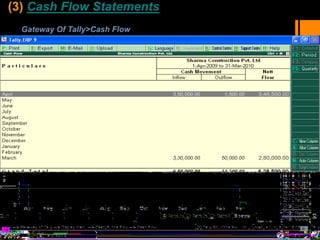 (3) Cash Flow Statements
Gateway Of Tally>Cash Flow
 