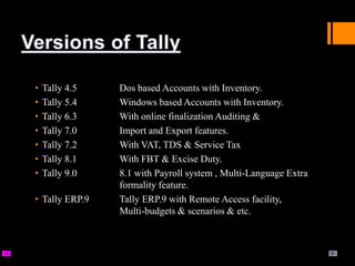• Tally 4.5 Dos based Accounts with Inventory.
• Tally 5.4 Windows based Accounts with Inventory.
• Tally 6.3 With online finalization Auditing &
• Tally 7.0 Import and Export features.
• Tally 7.2 With VAT, TDS & Service Tax
• Tally 8.1 With FBT & Excise Duty.
• Tally 9.0 8.1 with Payroll system , Multi-Language Extra
formality feature.
• Tally ERP.9 Tally ERP.9 with Remote Access facility,
Multi-budgets & scenarios & etc.
 