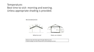 Temperature:
Best time to visit- morning and evening.
Unless appropriate shading is provided.
 
