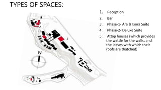 TYPES OF SPACES:
1. Reception
2. Bar
3. Phase-1- Ara & Ixora Suite
4. Phase-2- Deluxe Suite
5. Attap houses (which provides
the wattle for the walls, and
the leaves with which their
roofs are thatched)
 