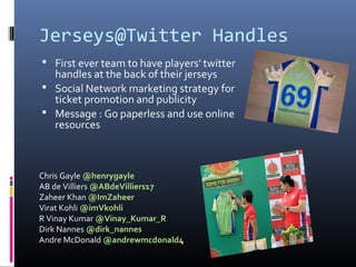 Jerseys@Twitter Handles
 First ever team to have players' twitter
  handles at the back of their jerseys
 Social Network marketing strategy for
  ticket promotion and publicity
 Message : Go paperless and use online
  resources



Chris Gayle @henrygayle
AB de Villiers @ABdeVilliers17
Zaheer Khan @ImZaheer
Virat Kohli @imVkohli
R Vinay Kumar @Vinay_Kumar_R
Dirk Nannes @dirk_nannes
Andre McDonald @andrewmcdonald4
 
