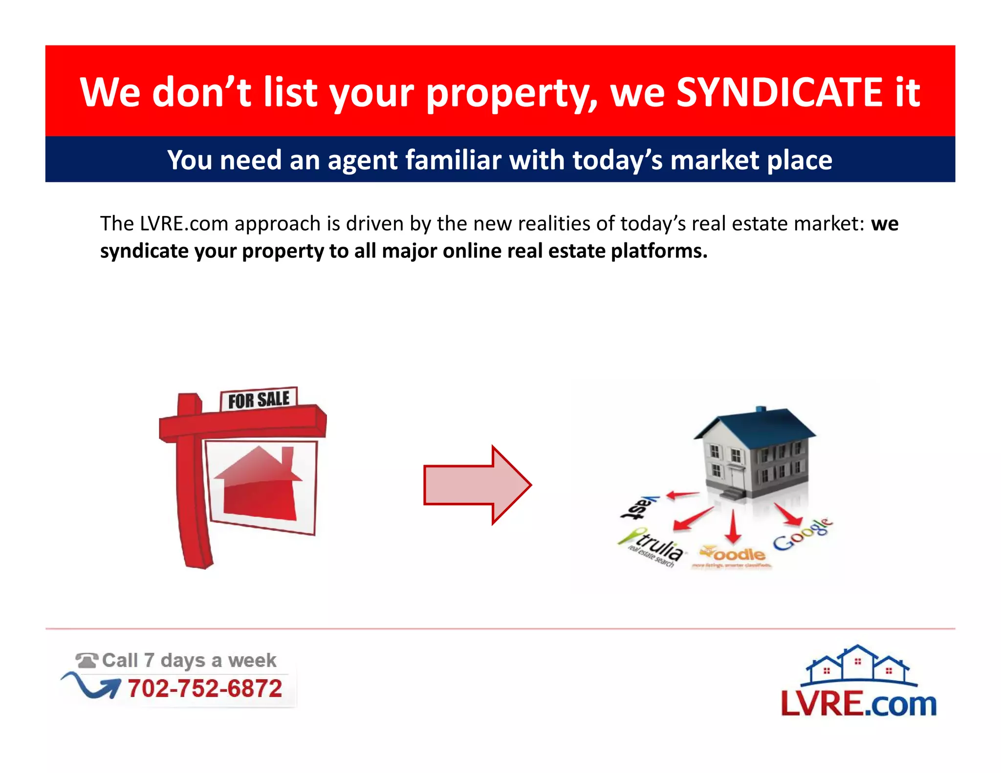 We don’t list your property, we SYNDICATE it
        You need an agent familiar with today’s market place

 The LVRE.com approach is driven by the new realities of today’s real estate market: we
 syndicate your property to all major online real estate platforms.
 