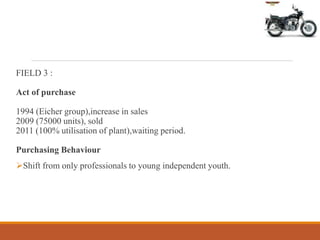 FIELD 3 :
Act of purchase
1994 (Eicher group),increase in sales
2009 (75000 units), sold
2011 (100% utilisation of plant),waiting period.
Purchasing Behaviour
Shift from only professionals to young independent youth.
 