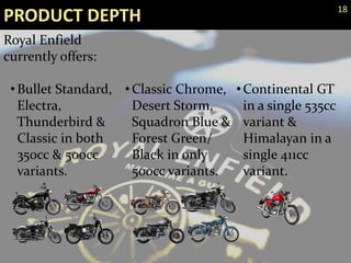 PRODUCT DEPTH
Royal Enfield
currently offers:
• Bullet Standard,
Electra,
Thunderbird &
Classic in both
350cc & 500cc
variants.
• Classic Chrome,
Desert Storm,
Squadron Blue &
Forest Green/
Black in only
500cc variants.
•Continental GT
in a single 535cc
variant &
Himalayan in a
single 411cc
variant.
18
 