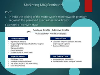 Marketing MIX(Continued)
Price:
▶ In India the pricing of the motorcycle is more towards premium
segment. It is perceived as an aspirational brand.
Customer’s Perceived V
alue
 