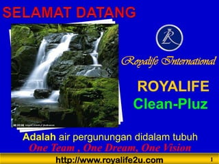 http://www.royalife2u.com 1
One Team , One Dream, One Vision
ROYALIFE
Clean-Pluz
Royalife International
Adalah air pergunungan didalam tubuh
 