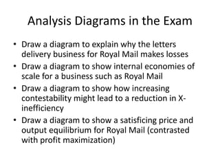 Analysis Diagrams in the Exam
• Draw a diagram to explain why the letters
delivery business for Royal Mail makes losses
• Draw a diagram to show internal economies of
scale for a business such as Royal Mail
• Draw a diagram to show how increasing
contestability might lead to a reduction in X-
inefficiency
• Draw a diagram to show a satisficing price and
output equilibrium for Royal Mail (contrasted
with profit maximization)
 