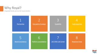 Why Royal?
Integrated facility services for luxury retailers
1
Partnership
2
One point of contact
3
Scalability
4
Trade expertise
5
Brand Consistency
6
Platform consolidation
7
24/7/365 Call Center
8
Response times
 