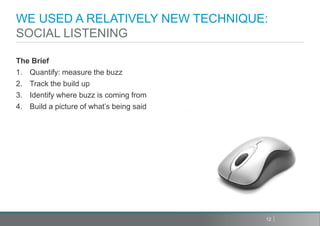 WE USED A RELATIVELY NEW TECHNIQUE:
SOCIAL LISTENING

The Brief
1. Quantify: measure the buzz
2. Track the build up
3. Identify where buzz is coming from
4. Build a picture of what’s being said




                                          12
 