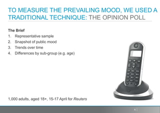 TO MEASURE THE PREVAILING MOOD, WE USED A
TRADITIONAL TECHNIQUE: THE OPINION POLL
The Brief
1. Representative sample
2. Snapshot of public mood
3. Trends over time
4. Differences by sub-group (e.g. age)




1,000 adults, aged 18+, 15-17 April for Reuters

                                                  6
 