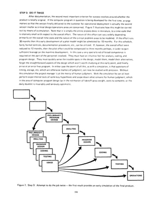 STEP3: DO IT TWICE
After documentation, the second most important criterion for success revolves around whether the
product is totally original. If the computer program in question is being developed for the first time, arrange
matters so that the version finally delivered to the customer for operational deployment is actually the second
version insofar as critical design/operations areas are concerned. Figure 7 iltustrates how this might be carried
out by means of a simulation. Note that it is simply the entire process done in miniature, toatime scale that
is relatively small with respect to the overall effort. The nature of this effort can vary widely depending
primarily on the overall time scale and the nature of the critical problem areas to be modeled. If the effort runs
30 months then this early development ofapilot model might be scheduled for 10 months. For this schedule,
fairly formal controls, documentation procedures, etc., can be utilized. If, however, the overall effort were
reduced to 12 months, then the pilot effort could be compressed to three months perhaps, in order to gain
sufficient leverage on the mainline development. In this case a very special kind of broad competence is
required on the part of the personnel involved. They must have an intuitive feel for analysis, coding, and
program design. They must quickly sensethe trouble spots in the design, model them, model their alternatives,
forget the straightforward aspects of the design which aren't worth studying at this early point, and finally
arrive at an error-free program. In either case the point of all this, as with a simulation, is that questions of
timing, storage, etc. which are otherwise matters of judgment, can now be studied with precision. Without
this simulation the project manager is at the mercy of human judgment. With the simulation he can at least
perform experimental tests of some key hypotheses and scope down what remains for human judgment, which
in the area of computer program design (as in the estimation of takeoff gross weight, costs to complete, or the
daily double) is invariably and seriously optimistic.
I I,,,
1 I
ANALYSIS I
! PROGRAM I
I DES,GN I
-U coo,.o I
LI .,s.,.o
USAGE
PRELIMINARYI%
PROGRAM
DESIGN
ANALYSIS
i PROGRAM
DESIGN
TESTING
[OPERATIONS
Figure 7. Step 3: Attempt to do the job twice - the first result provides an early simulation of the final product.
334
 