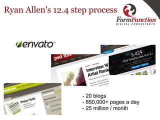Ryan Allen's 12.4 step process - 20 blogs  - 850,000+ pages a day  - 25 million / month 