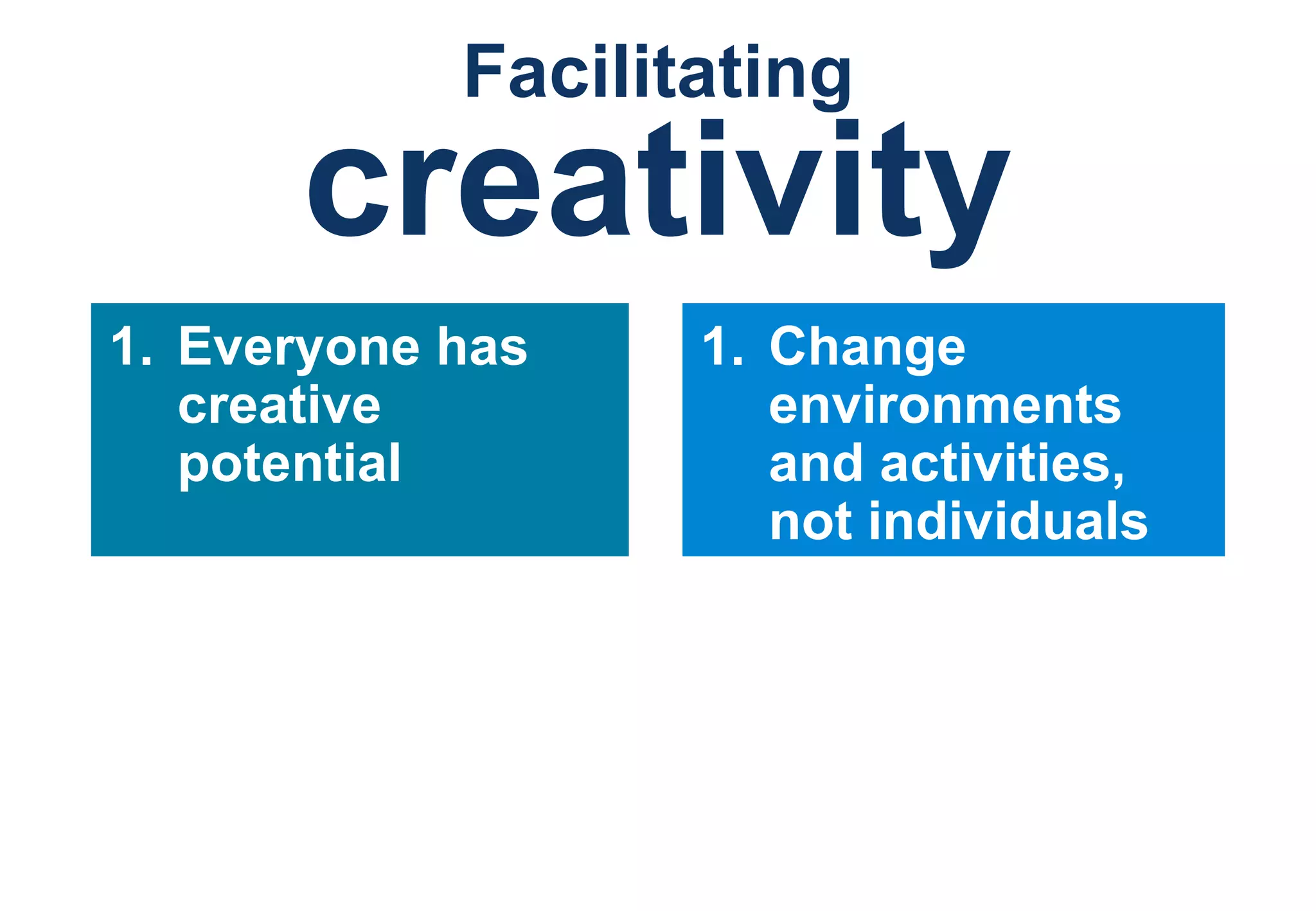 Everyone has creative potential Change environments  and activities,  not individuals Facilitating creativity 