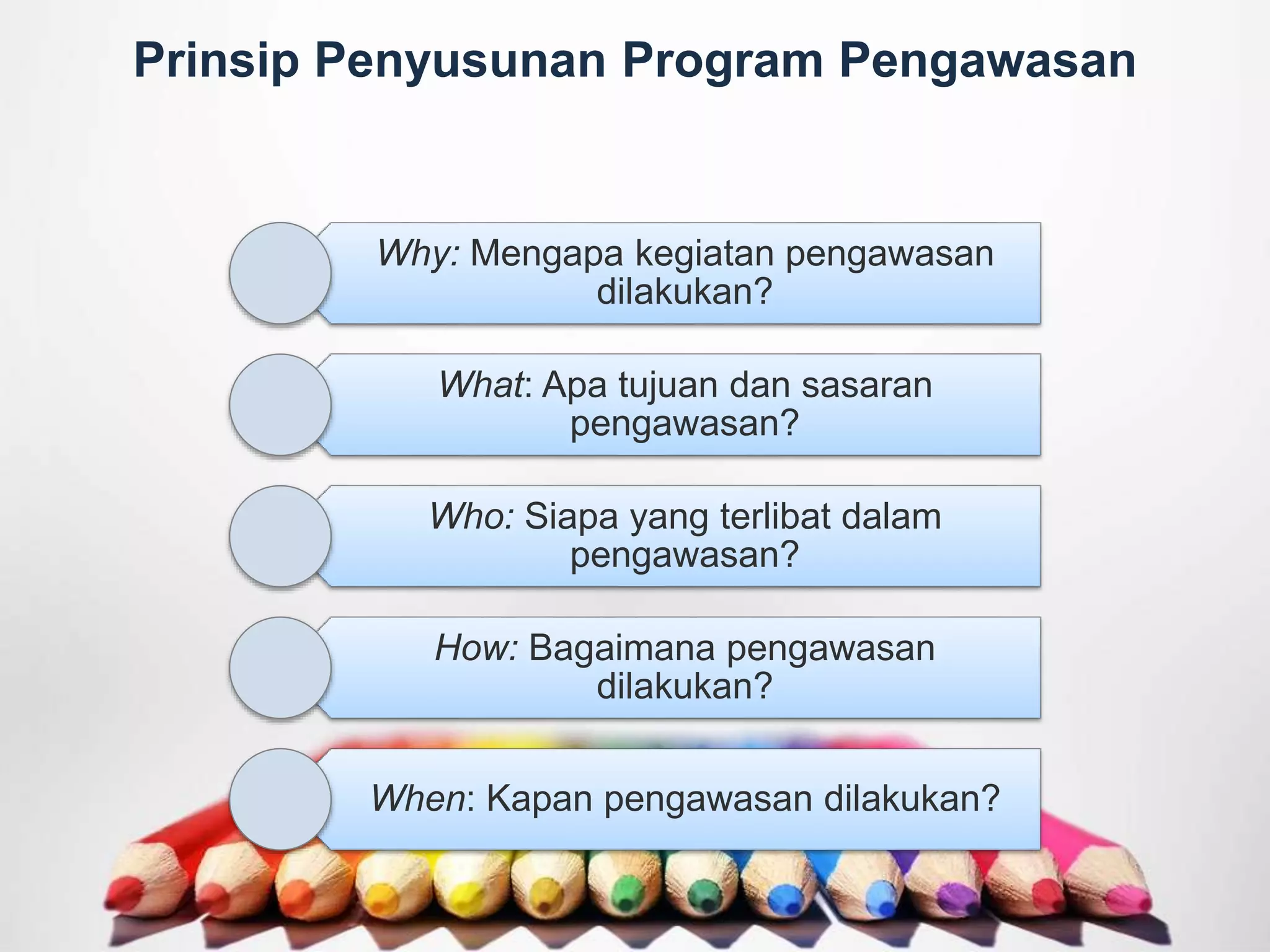 Prinsip Penyusunan Program Pengawasan
Why: Mengapa kegiatan pengawasan
dilakukan?
What: Apa tujuan dan sasaran
pengawasan?
Who: Siapa yang terlibat dalam
pengawasan?
How: Bagaimana pengawasan
dilakukan?
When: Kapan pengawasan dilakukan?
 