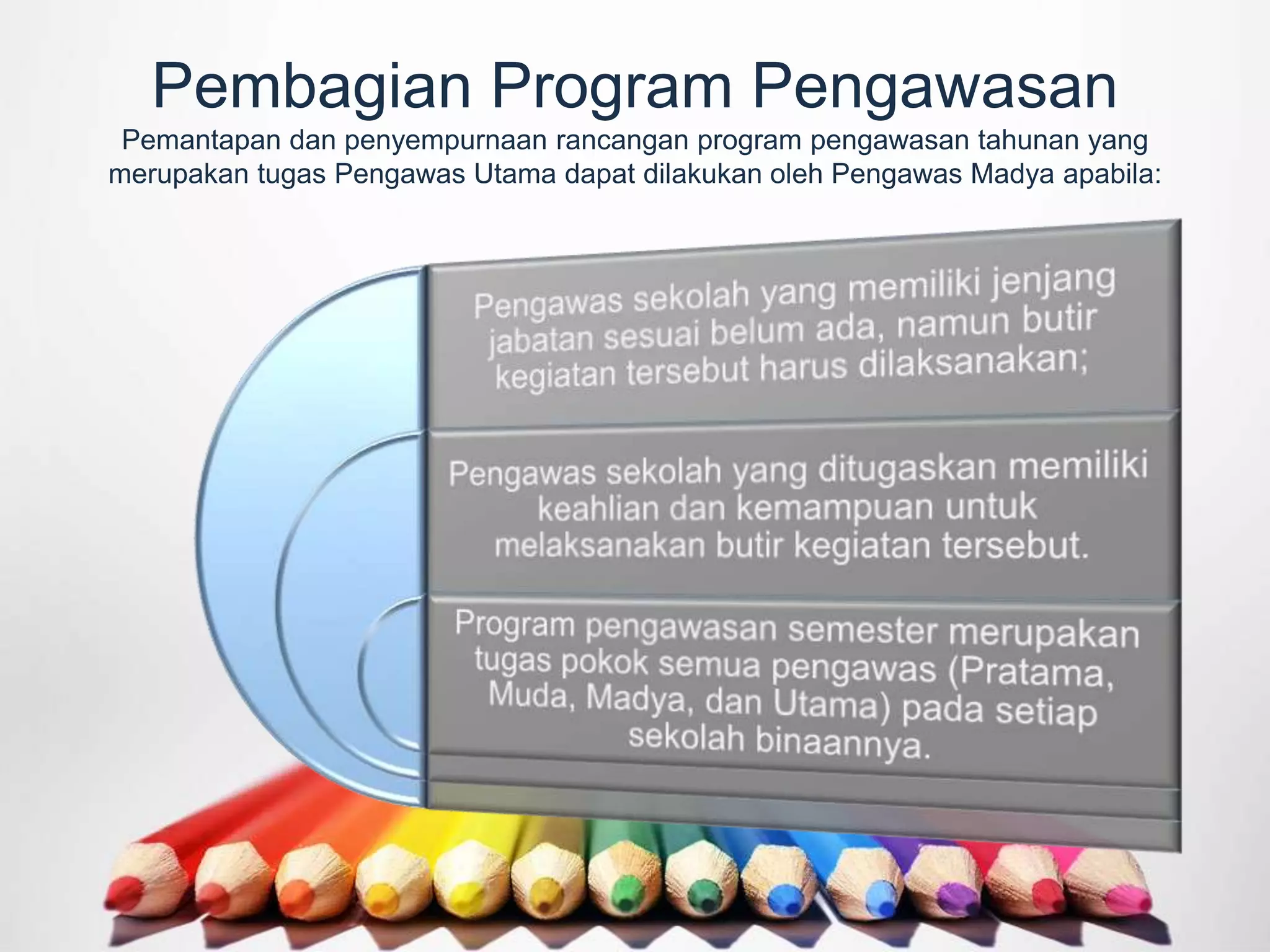Pembagian Program Pengawasan
Pemantapan dan penyempurnaan rancangan program pengawasan tahunan yang
merupakan tugas Pengawas Utama dapat dilakukan oleh Pengawas Madya apabila:
 