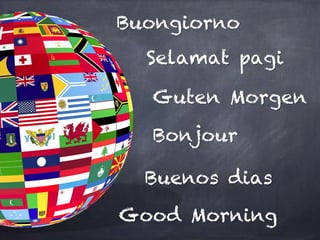 Good Morning
Guten Morgen
Buenos dias
Bonjour
Selamat pagi
Buongiorno
