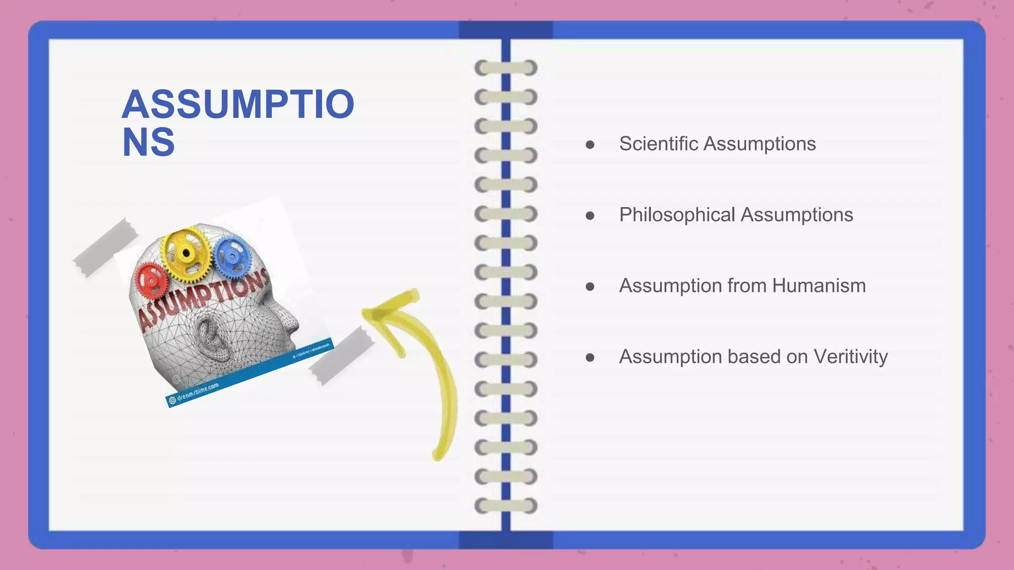 ● Scientific Assumptions
● Philosophical Assumptions
● Assumption from Humanism
● Assumption based on Veritivity
ASSUMPTIO
NS
 