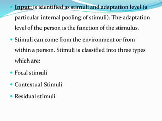  Input: is identified as stimuli and adaptation level (a
particular internal pooling of stimuli). The adaptation
level of the person is the function of the stimulus.
 Stimuli can come from the environment or from
within a person. Stimuli is classified into three types
which are:
 Focal stimuli
 Contextual Stimuli
 Residual stimuli
 