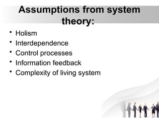 Assumptions from system
theory:
• Holism
• Interdependence
• Control processes
• Information feedback
• Complexity of living system
 
