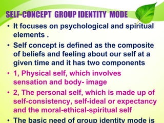 SELF-CONCEPT GROUP IDENTITY MODE
• It focuses on psychological and spiritual
elements .
• Self concept is defined as the composite
of beliefs and feeling about our self at a
given time and it has two components
• 1, Physical self, which involves
sensation and body- image
• 2, The personal self, which is made up of
self-consistency, self-ideal or expectancy
and the moral-ethical-spiritual self
• The basic need of group identity mode is
 