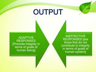 OUTPUT
ADAPTIVE
RESPONSES
[Promote integrity in
terms of goals of
human being]
INEFFECTIVE
RESPONSES [are
those that do not
contribute to integrity
in terms of goals of
human system]
 