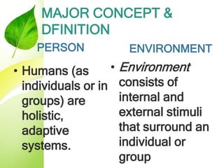 MAJOR CONCEPT &
DFINITION
PERSON
• Humans (as
individuals or in
groups) are
holistic,
adaptive
systems.
ENVIRONMENT
• Environment
consists of
internal and
external stimuli
that surround an
individual or
group
 