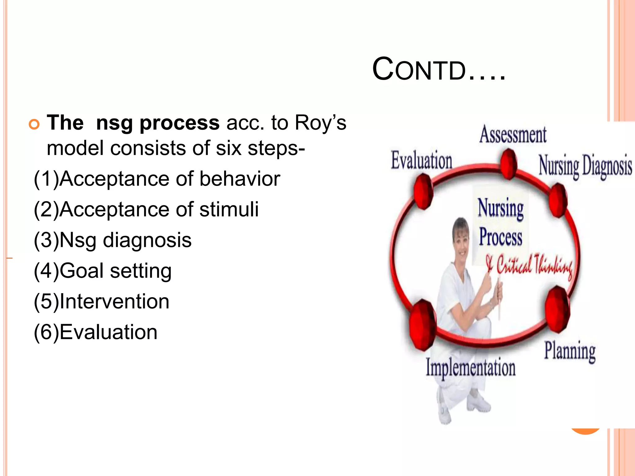 CONTD….
 The nsg process acc. to Roy’s
model consists of six steps-
(1)Acceptance of behavior
(2)Acceptance of stimuli
(3)Nsg diagnosis
(4)Goal setting
(5)Intervention
(6)Evaluation
 