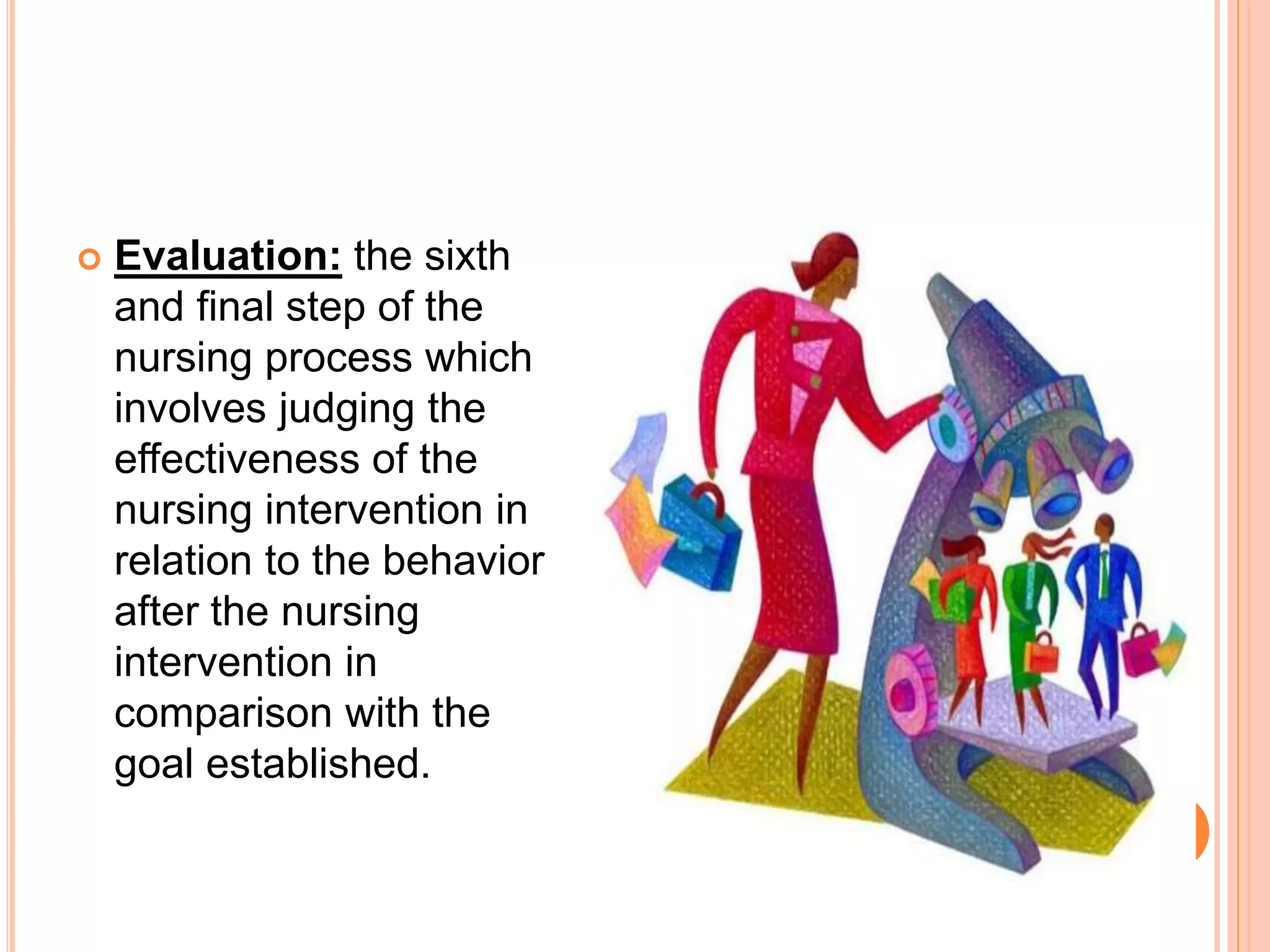  Evaluation: the sixth
and final step of the
nursing process which
involves judging the
effectiveness of the
nursing intervention in
relation to the behavior
after the nursing
intervention in
comparison with the
goal established.
 