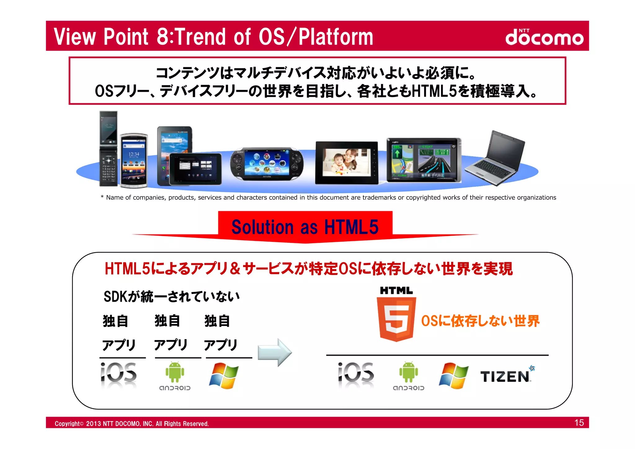 © 2008 NTT DOCOMO, INC. All rights reserved.© 2012 NTT DOCOMO, INC. All Ｒights Reserved. © 2008 NTT DOCOMO, INC. All rights reserved.Copyright© 2013 NTT DOCOMO, INC. All Ｒights Reserved. 15
SDKが統一されていない
独自
アプリ
独自
アプリ
独自
アプリ
OSに依存しない世界
Solution as HTML5
* Name of companies, products, services and characters contained in this document are trademarks or copyrighted works of their respective organizations
コンテンツはマルチデバイス対応がいよいよ必須に。
OSフリー、デバイスフリーの世界を目指し、各社ともHTML5を積極導入。
HTML5によるアプリ＆サービスが特定OSに依存しない世界を実現
View Point 8:Trend of OS/Platform
 