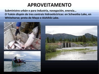 APROVEITAMENTO
Subministro urbán e para industria, navegación, enerxía…
O Yukón dispón de tres centrais hidroeléctricas: en Schwatka Lake, en
Whitehorse; preto de Mayo e Aishihik Lake.

 