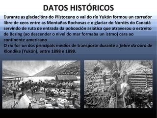 DATOS HISTÓRICOS
Durante as glaciacións do Plistoceno o val do río Yukón formou un corredor
libre de xeos entre as Montañas Rochosas e o glaciar do Nordés do Canadá
servindo de ruta de entrada da poboación asiática que atravesou o estreito
de Bering (ao descender o nivel do mar formaba un istmo) cara ao
continente americano
O río foi un dos principais medios de transporte durante a febre do ouro de
Klondike (Yukón), entre 1898 e 1899.

 
