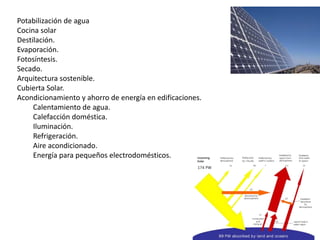 Potabilización de aguaCocina solarDestilación.Evaporación.Fotosíntesis.Secado.Arquitectura sostenible.Cubierta Solar.Acondicionamiento y ahorro de energía en edificaciones. Calentamiento de agua.Calefacción doméstica.Iluminación.Refrigeración.Aire acondicionado.Energía para pequeños electrodomésticos.