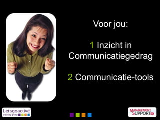 Voor jou:
1 Inzicht in
Communicatiegedrag
2 Communicatie-tools
 