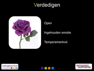 Verdedigen
Open
Ingehouden emotie
Temperamentvol
 