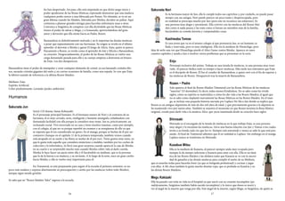 16 17
fin han despertado. Así pues, ella está empeñada en que dicho juego inicie y
poder apoderarse de las Rosas Místicas, esperando demostrar que una muñeca
cualquiera podía vencer a una fabricada por Rozen. No obstante, se ve en un
gran dilema cuando las Maiden, lideradas por Shinku, deciden no pelear. Aquí
comienza a planear grandes intrigas para hacerlas enfrentarse unas a otras.
Convence a Suigintou de conspirar con ella diciéndole que las Rosas Místicas
tienen el poder de salvar a Megu, y a Souseiseki, aprovechándose del gran
amor y devoción que ella siente hacia su Padre, Rozen.
Barasuishou es definitivamente malvada y no le importan las demás muñecas
a pesar que supuestamente son sus hermanas. Su origen se revela en el último
episodio: al derrotar a Shinku y ganar El Juego de Alicia. Enju, quien se parece
físicamente a Rozen, se revela como el aprendiz de éste y felicita a Barasuishou,
su creación. Desgraciadamente, el poder de las Rosas Místicas se vuelve una
carga demasiado pesada para ella y su cuerpo empieza a destruirse en brazos
de Enju. Los dos desaparecen.
Barasuishou tiene el poder de manipular y crear cualquier elemento de cristal, ya sea lanzando cristales filo-
sos, sacando cristales gigantes del suelo y, en ciertas ocasiones de batalla, como una espada. Se cree que Enju
la fabricó usando de referencia a la última Rozen Maiden.
Médium: Enju
Espíritu Artificial:
Color predominante: Lavanda (poder, ambición)
Humanos
Sakurada Jun
Seiyū: CD drama: Sanae Kobayashi
Es el personaje principal humano. Es el hermano menor de Nori y al contrario de su
hermana, él es muy cerrado, serio, inteligente y bastante amargado, enfadándose con
demasiada facilidad con ella porque la considera muy torpe. Jun es, prácticamente, un
rechazado social. Vive encerrado en su casa y tiene muchos traumas, como por ejemplo,
con el colegio, al que no va porque reprobó un examen y se avergüenza de ello ya que
se suponía que él era considerado un genio. En el manga, porque se burlan de él por ser
costurero (Aunque en el capítulo 11 de la primera temporada, también vemos cuando
está atrapado en su sueño y las flores se mofan de él por eso). Tiene gustos muy raros, ya
que le gusta todo aquello que considera misterioso o maldito, también por los coches de
colección y la informática. Se llevó una gran sorpresa cuando apareció la caja de Shinku
en su cuarto y se sorprendió mucho más cuando Shinku cobró vida al darle cuerda.
Shinku le hace hacer un pacto entre ella y él haciéndolo su medium, que es la persona
que le da la fuerza a su muñeca, y su sirviente. A lo largo de la serie, nace un gran cariño
hacia Shinku, y ella se vuelve muy importante para él.
En Traumend, se está preparando para seguir el la escuela el próximo semestre, es un
poco más maduro y expresa abiertamente su preocupación y cariño por las muñecas (sobre todo Shinku),
aunque sigue siendo gruñón.
Se sabe que en “Rozen Maiden Tales” regresa a la escuela.
Sakurada Nori
Es la hermana mayor de Jun, ella le cumple todos sus caprichos y, por cuidarlo, no puede pasar
tiempo con sus amigas. Nori puede parecer un poco tonta y despreocupada, pero
en realidad se preocupa mucho por Jun (pero este no reconoce sus esfuerzos). Es
una persona muy alegre y persistente. Ella convive con las muñecas del Rozen Mai-
den como si nada pasara y las trata como si fueran un miembro más de la familia,
haciéndoles su comida favorita y comprándoles cosas.
Kashiwaba Tomoe
Es una joven que va en el mismo colegio al que pertenecía Jun, es un bastante ca-
llada y reservada, pero es muy inteligente. Ella era la medium de Hinaichigo, pero
deja de serlo una vez que Hinaichigo pierde el Alice Game contra Shinku. Aparece en unos
cuantos capítulos y ayuda a Jun a resolver varios problemas que se presentan en la serie.
Enju
Personaje exclusivo del anime. Trabaja en una tienda de muñecas, es una persona muy reser-
vada. Al parecer dedica todo su tiempo a hacer muñecas. Más tarde nos enteramos que Enju
es el discípulo de Rozen. Él fue el creador de Barasuishou, a quien creó con el fin de superar a
las muñecas de Rozen. Desapareció tras la muerte de Barasuishou.
Rozen ~ Padre
Solo aparece al final de Rozen Maiden Träumend con las Rosas Místicas de las muñecas
“muertas” (O dormidas); Es decir, todas menos Kirakishou. No se sabe como ha vivido
siglos, cómo su espíritu se materializa o cómo les dio vida a las Rozen Maiden; al igual que
no se sabe como implantó nuevamente las Rosas Místicas en las Rozen Maiden. En el man-
ga, se incluye una pequeña historia narrada por Laplace No Ma a Jun donde se explica que
Rozen es un antiguo alquimista de más de dos mil años de edad, y que precisamente gracias a la alquimia se
ha mantenido vivo por tantos años. También se muestra el momento en que Rozen termina la Rosa Mística
original, creada para darle vida a la muñeca Alice, que yacía inanimada desde su creación hace siglos.
Shirosaki
Shirosaki es el encargado de la tienda de muñecas en la que trabaja Enju, es una persona
muy alegre y le encantan las muñecas. Lleva una buena relación con Jun y Tomoe a los cuales
invita a su tienda cada vez que los ve. Siempre está sonriendo y nunca se sabe lo que está pen-
sando. Al final de Traümend sabemos que él en realidad es Laplace. Sin embargo en el manga
Laplace nunca se tranformo en Shirosaki.
Kusabue Mitsu
Ella es la medium de Kanaria, al parecer siempre anda muy ocupada pero
siempre le da tiempo suficiente a Kanaria para estar con ella. Ella es un faná-
tica de las Rozen Maiden y las idolatra tanto que Kanaria se ve con la necesi-
dad de ganarles a las demás muñecas para cumplir el sueño de su Medium,
que es tenerlas todas para hacerles fotos (ya que es fotógrafa profesional) y cocinar y jugar
con ellas. A Mi-chan también le gusta mucho diseñar ropa, que es probada en Kanaria y en
las demás Rozen Maidens.
Megu Kakizaki
Ella ha pasado casi toda su vida en el hospital ya que nació con su corazón incompleto (pa-
radójicamente, Suigintou también había nacido incompleta) y lo único que desea es morir y
ver al ángel de la muerte que venga por ella. Este ángel de la muerte, según Megu, es Suigintou, de quién se
 