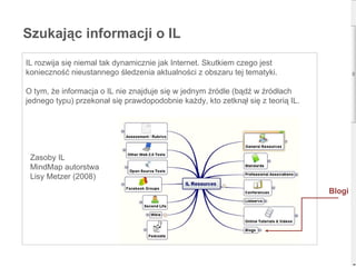 IL rozwija się niemal tak dynamicznie jak Internet. Skutkiem czego jest konieczność nieustannego śledzenia aktualności z obszaru tej tematyki. O tym, że informacja o IL nie znajduje się w jednym źródle (bądź w źródłach jednego typu) przekonał się prawdopodobnie każdy, kto zetknął się z teorią IL. Zasoby IL  MindMap autorstwa Lisy Metzer (2008) Szukając informacji o IL Blogi 