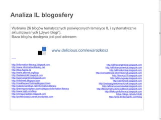 Analiza IL blogosfery Wybrano 26 blogów tematycznych poświęconych tematyce IL i systematycznie aktualizowanych („żywe blogi”).  Baza blogów dostępna jest pod adresem:   www.delicious.com/ewarozkosz        http:// information-literacy.blogspot.com   http:// www.information-literacy.net http:// blog.hapke.de http:// www.alfinred.org / blog http:// txstateinfolit.blogspot.com http:// spencerjardine.blogspot.com http:// infolitweb.blogspot.com http:// markhepworthsblog.blogspot.com http:// caledonianblogs.net / information-literacy http:// jherring.wordpress.com / category / information-literacy http://www.big6.com/ blog http:// chrisguywalker.blogspot.com http:// professorjaszczerski.wordpress.com http://alfinenargentina.blogspot.com http:// alfiniberoamerica.blogspot.com http:// alfincolombia.blogspot.com http:// competencia-informacional.blogspot.com http://literacia21.blogspot.com http:// alfinuruguay.blogspot.com http://alinfomed.blogspot.com http://pedagogiainformacional.blogspot.com http:// alfinenuniversidades.blogspot.com http:// libraryinstructioncookbook.blogspot.com http:// lifelonginfoliteracy.blogspot.com https:// blogs.njit.edu / infolit http:// www.birdsonginfo.com / blog 