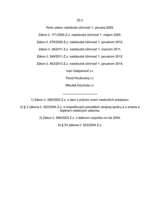 Čl.V
Tento zákon nadobúda účinnosť 1. januára 2005.
Zákon č. 171/2005 Z.z. nadobudol účinnosť 1. májom 2005.
Zákon č. 479/2009 Z.z. nadobudol účinnosť 1. januárom 2012.
Zákon č. 38/2011 Z.z. nadobudol účinnosť 1. marcom 2011.
Zákon č. 548/2011 Z.z. nadobudol účinnosť 1. januárom 2012.
Zákon č. 463/2013 Z.z. nadobudol účinnosť 1. januárom 2014.
Ivan Gašparovič v.r.
Pavol Hrušovský v.r.
Mikuláš Dzurinda v.r.
____________________
1) Zákon č. 595/2003 Z.z. o dani z príjmov znení neskorších predpisov.
2) § 3 zákona č. 523/2004 Z.z. o rozpočtových pravidlách verejnej správy a o zmene a
doplnení niektorých zákonov.
3) Zákon č. 598/2003 Z.z. o štátnom rozpočte na rok 2004.
4) § 33 zákona č. 523/2004 Z.z.

 