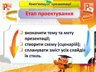 Етап проектування
Комп'ютерні презентації
 визначити тему та мету
презентації;
 створити схему (сценарій);
 спланувати зміст усіх слайдів,
їх стиль.
 