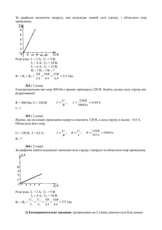 За графіком визначити напругу, яка відповідає певній силі струму, і обчислити опір
провідника.
Розв’язок. I1 = 2 A; U1 = 5 B;
I2 = 4 A; U2 = 10 B;
I3 = 6 A; U3 = 15 B;
R1 - ? R2 - ? R3 - ?
R1 = R2 = R3 = 5,2
6
15
4
10
2
5
===
А
В
А
В
А
В
Ом.
№2 ( 2 учня)
Електропаяльник має опір 500 Ом і працює принапрузі 220 В. Знайти, на яку силу струму він
розрахований.
R = 500 Ом; U = 220 B ;
R
U
I = .44,0
500
220
А
Ом
B
I ==
I - ?
№3 ( 2 учня)
Відомо, що на кінцях провідника напруга становить 120 В, а сила струму в ньому – 0,5 А.
Обчислити його опір.
U = 120 B; I = 0,5 A ;
R
U
I = ;
I
U
R = .240
5,0
120
Ом
A
B
R ==
R - ?
№4 ( 2 учня)
За графіком знайти відповідні значення сили струму і напруги та обчислити опір провідника.
Розв’язок. I1 = 2 A; U1 = 5 B;
I2 = 4 A; U2 = 10 B;
R1 = R2 = 5,2
4
10
2
5
2
2
1
1
====
A
B
A
B
I
U
I
U
Ом.
2) Експериментальне завдання (розраховано на 2 учнів), виконується біля дошки.
 