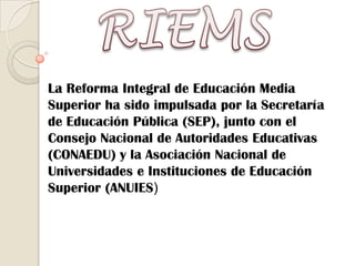 RIEMS La Reforma Integral de Educación Media Superior ha sido impulsada por la Secretaría de Educación Pública (SEP), junto con el Consejo Nacional de Autoridades Educativas (CONAEDU) y la Asociación Nacional de Universidades e Instituciones de Educación Superior (ANUIES) 
