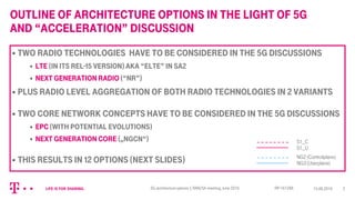 Outline of architecture options in the light of 5G
and “acceleration” discussion
2
 Two radio technologies have to be con...