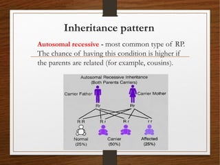 Inheritance pattern
Autosomal recessive - most common type of RP.
The chance of having this condition is higher if
the parents are related (for example, cousins).
 