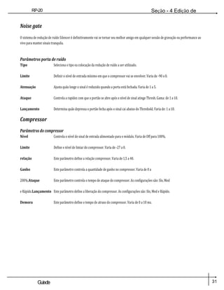 31
Guiade
usuario
RP-20
Válvula
Seção - 4 Edição de
Módulos
Noise gate
O sistema de redução de ruído Silencer é definitivamente vai se tornar seu melhor amigo em qualquer sessão de gravação ou performance ao
vivo para manter sinais tranquila.
Parâmetros porta de ruído
Tipo Seleciona o tipo ea colocação da redução de ruído a ser utilizado.
Limite Definir o nível de entrada mínimo em que o compressor vai se envolver. Varia de -90 a 0.
Atenuação Ajusta quão longe o sinal é reduzido quando a porta está fechada. Varia de 1 a 5.
Ataque Controla a rapidez com que o portão se abre após o nível de sinal atinge Thresh. Gama: de 1 a 10.
Lançamento Determina quão depressa o portão fecha após o sinal cai abaixo do Threshold. Varia de: 1 a 10.
Compressor
Parâmetros do compressor
Nível Controla o nível de sinal de entrada alimentado para o módulo. Varia de Off para 100%.
Limite Define o nível de limiar do compressor. Varia de -27 a 0.
relação Este parâmetro define a relação compressor. Varia de 1,5 a 40.
Ganho Este parâmetro controla a quantidade de ganho no compressor. Varia de 0 a
200%.Ataque Este parâmetro controla o tempo de ataque do compressor. As configurações são: Slo, Med
e Rápido.Lançamento Este parâmetro define a liberação do compressor. As configurações são: Slo, Med e Rápido.
Demora Este parâmetro define o tempo de atraso do compressor. Varia de 0 a 10 ms.
 